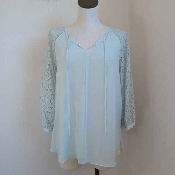 Haute Hippie Tribe Top Woven Chiffon Lace Sleeves Tie Neckline Womens XS - Picture 2 of 16